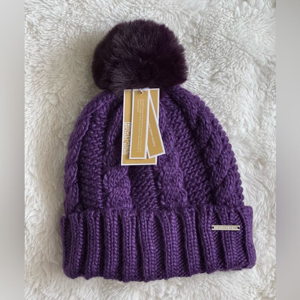 NWT - Michael Michael Kors - Women`s Cable Knit Teddy Fleece Faux Fur Pom Po…
